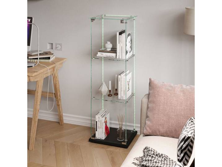 Vitrine Noire 3 Niveaux en Verre Trempé avec LED Réglables Porte avec Serrure Protection Anti-Basculement 40×35×123 cm