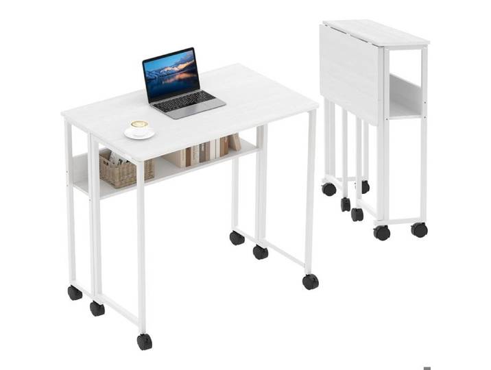 GRAVEE Bureau Pliant Compact sur Roulettes Table Ordinateur Mobile avec Étagère pour Petits Espaces Chambre 63x50x75 cm Blanc