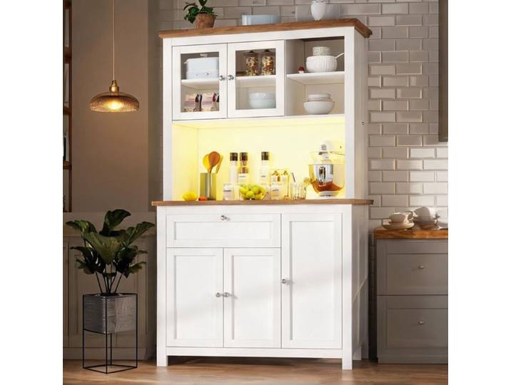 Grand buffet haut vitré en MDF blanc 104x40x180 cm avec rangements modulables et éclairage LED intelligent