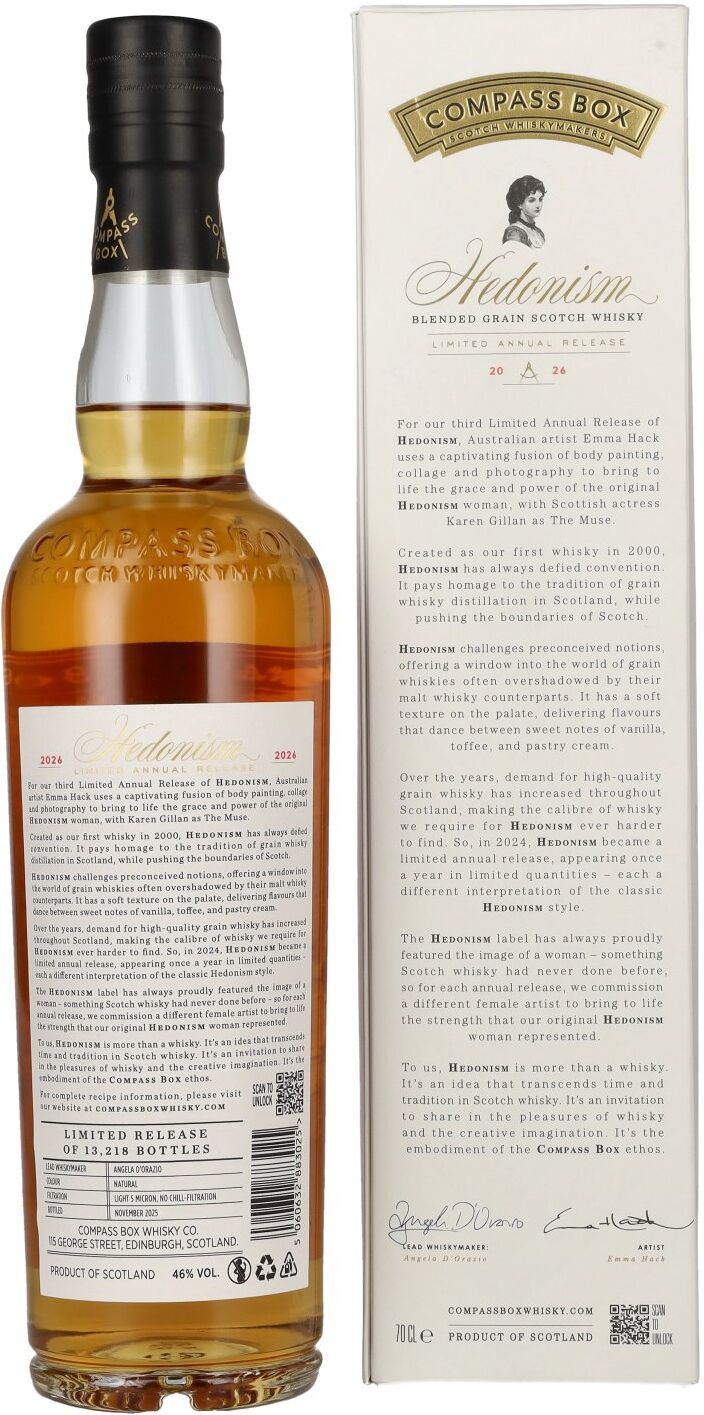 Compass Box HEDONISM Blended Grain Scotch Whisky Limited Annual Release 2026 46% Vol. 0,7l in Geschenkbox