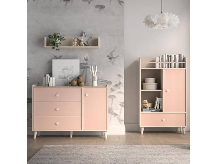 Lomadox Kinderzimmer Set 3-teilig in Sandbeige mit rosa fühlbare Struktur Wandboard Kommode Regal Softclose-Funktionen Kindermöbel modern