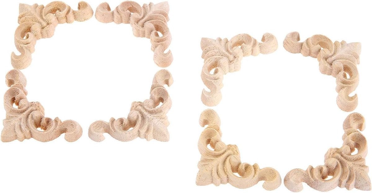 Set van 8 houten hoekdecoraties met gesneden appliqués voor meubels en kastdeuren, 4 cm
