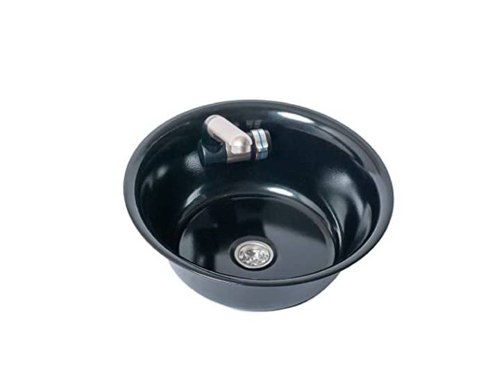 Edelstahl Spülbecken schwarz Camping Wohnmobil Reisemobil Spüle Waschbecken Boot Yacht 28 cm Ø integiert mit Wasserhahn 12V Barwig (ad-ideen)