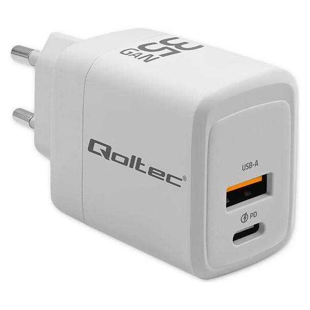 Qoltec GaN 35W Ladegerät 5V 20V 1,5A 3A, 1xUSB C PD, 1xUSB A (35 W, 2 Ports) (51824)