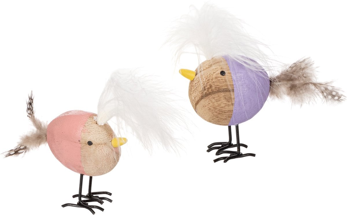 Decoratieve houten vogel met veren en kleurrijk lijfje voor op tafel