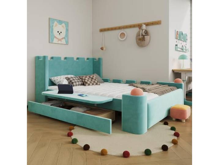 BXEYXE Kinder Polsterbett Doppelbett, klappbarer Seitenablage, Stauraum Schublade, Burg-Deisign, Weiche Antikonllisions-Katen, Französischer Samt, Blaugrün, 140x200cm