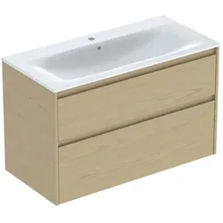 Geberit Renova Plan Möbel-Waschtisch-Set 504041PS8 Breite 100cm, Korpus/Front Eiche natur / Melamin Holzstruktur, Waschtisch weiß / KeraTect