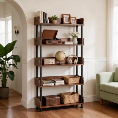 Kodotan sofa 5-Tier Industrial Bookshelf, Open Rustic Brown Bookcase with Metal Frame, Freestanding Display Storage Shelving Unit for Living