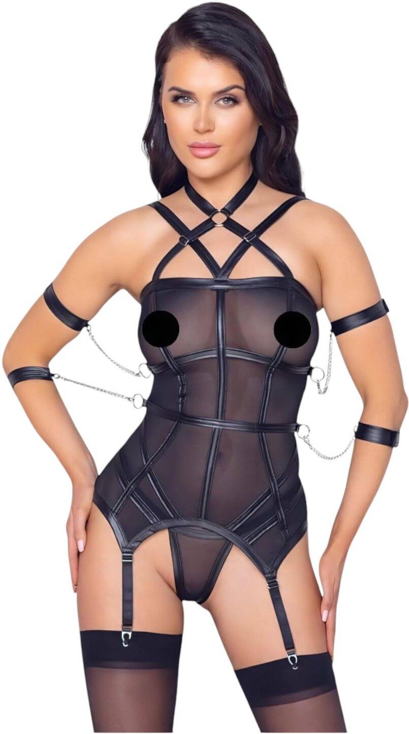 Cottelli Bondage - Strappy Top, Wrist Cuffs & Thong (Black) - M