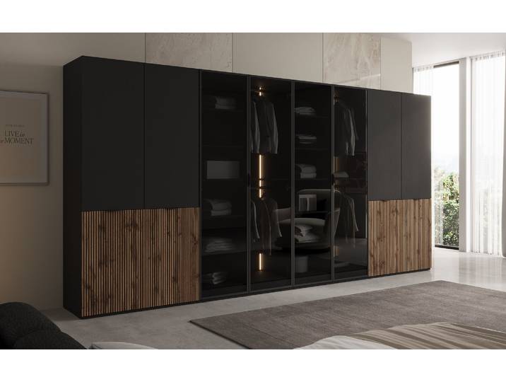 Moduro Arven XL – Viermoduliger Design-Kleiderschrank mit Holz- und Glasfront - Schwarz - Luxusbetten24