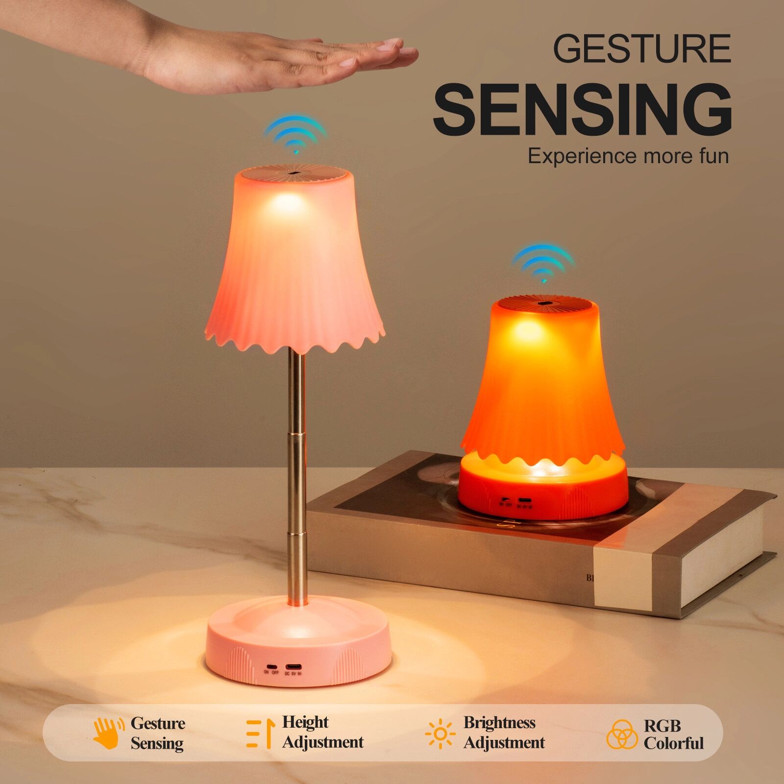 INF Gestengesteuerte wiederaufladbare RGB-Ambientetischlampe mit verstellbarer Höhe und 3 Farbtemperaturen Weiß