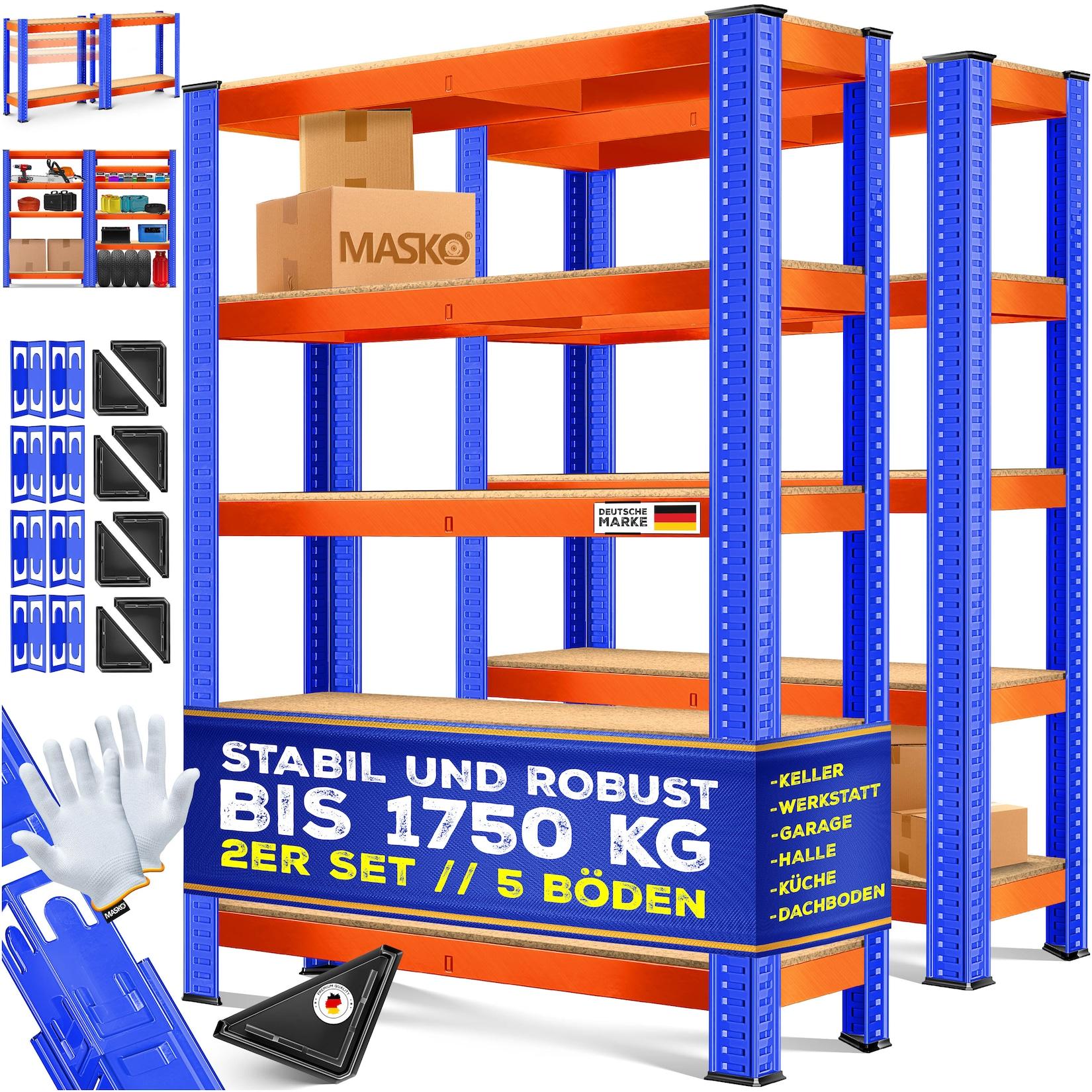 MASKO® 2er-Set Lagerregal Schwerlastregal, Kellerregal, verstellbare Ablagen, MDF-Platten Regal aus Metall, Steckregal, Werkstattregal, Keller, Garage