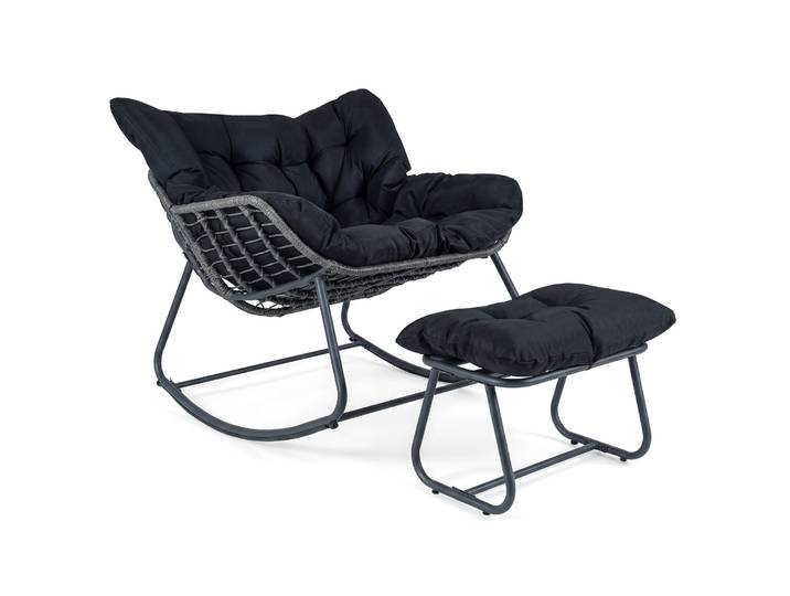 Fauteuil À Bascule D'Extérieur Avec Repose-pieds\, Fauteuil Œuf Surdimensionné En Osier Pe Avec Coussin Épais Amovible\, Charge 150 Kg\, Noir