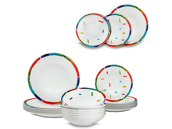 ARCA, Set mit 18 aufeinander abgestimmten Tellern aus Porzellan, dekoriert, Service für 6 Personen, mit Suppenteller, Teller und Dessertteller, modern und bunt, spülmaschinenfest