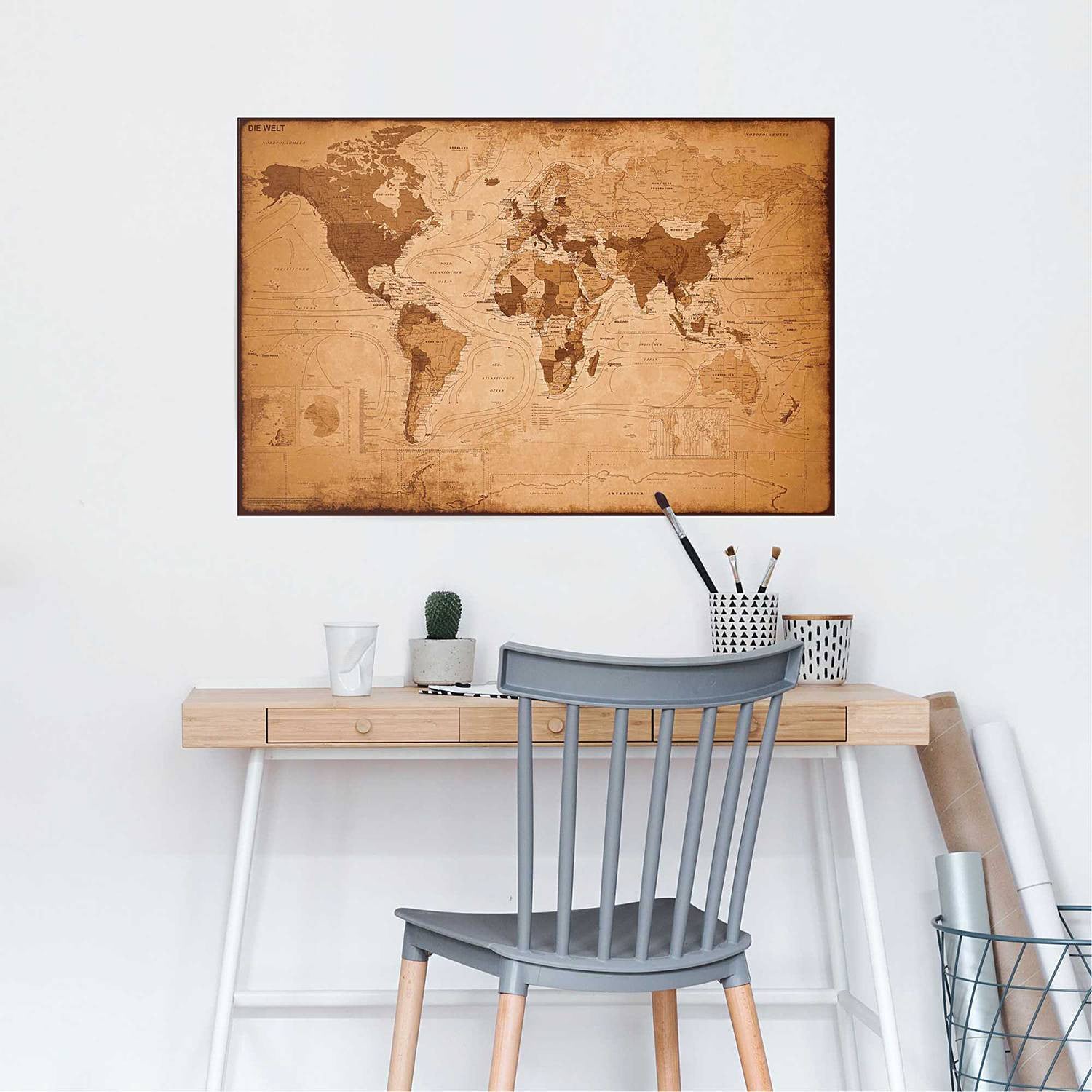 home24 Wereldkaart Poster Old German, Bruin, 61 x 92 cm