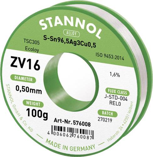 Stannol ZV16 Lötzinn, bleifrei bleifrei Sn96,5Ag3Cu0,5 REL0 100g 0.5mm