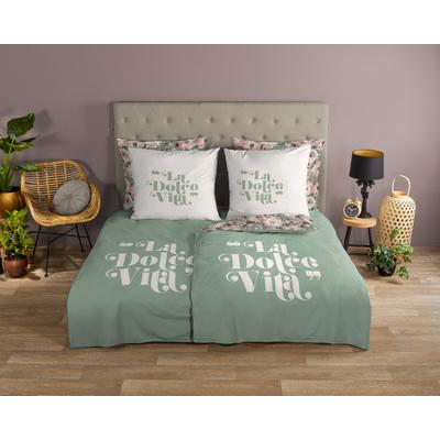 Wendebettwäsche GOOD MORNING "Vitaa", grün, B/L: 155cm x 220cm, 1 Stk., 1 Stk., Renforcé, B/L: 80cm x 80cm, 2, Renforcé, Obermaterial: 100% Baumwolle, Bettwäsche, Wendebettwäsche, 100% Baumwolle, Renforcé, Reißverschluss, Wendeoptik, Schrift, Blume
