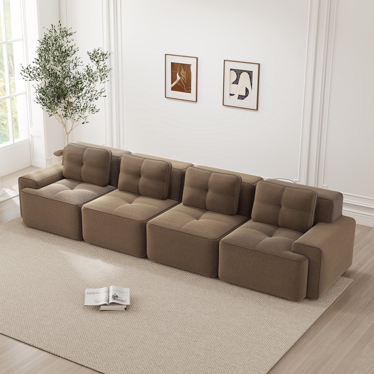 FloraGrace Modulaire 4-Zits Bank Boneless Cloudbank met Antislip Basis - Bruin Corduroy