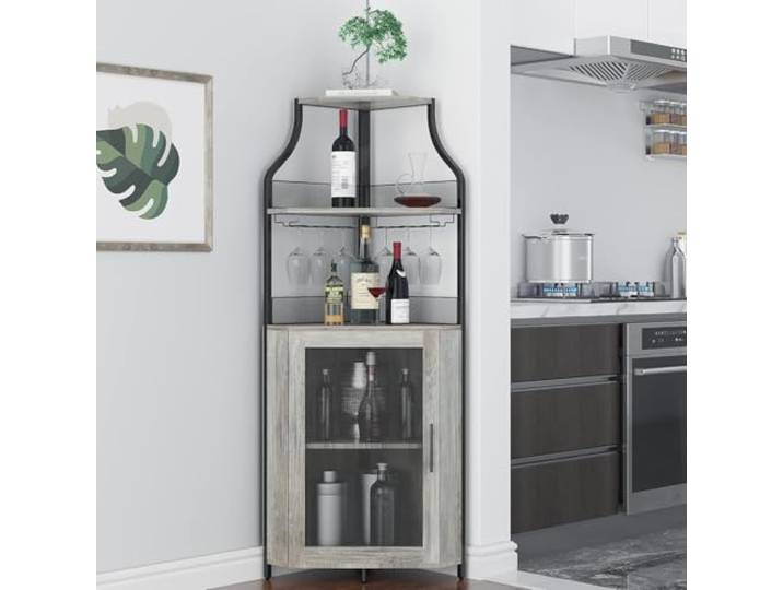 OPULENTHOME Weinschrank Eckschrank mit Arbeitstisch,Holz Weinschrank mit 5 Ablagefächer Und 2 Glashalterund Netztür，für Küche, Wohnzimmer, Esszimmer(152X90x32cm,Grau)