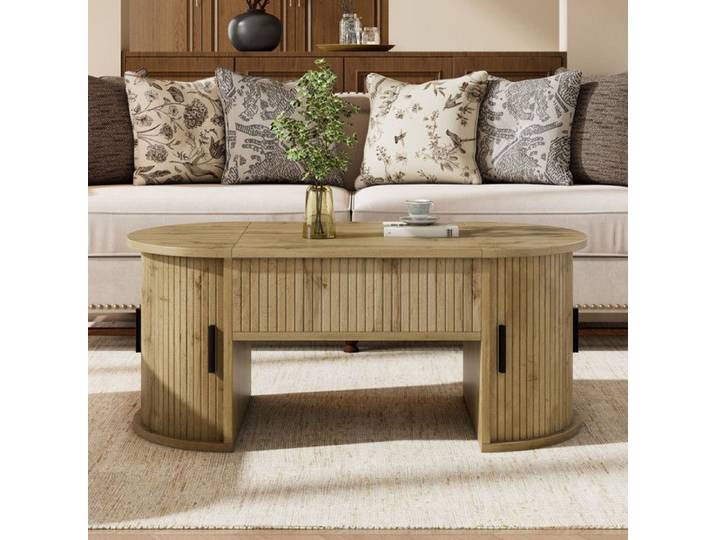 NuvlaGu - Table basse ovale relevable 100x50x40 5 cm avec 2 portes rangement coulissantes étagères Pour salon - Bois