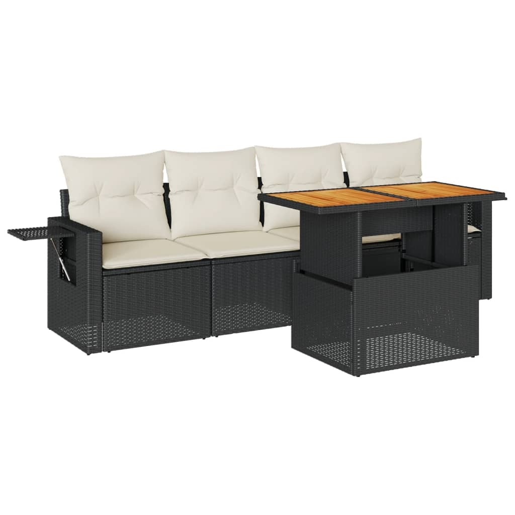 Gartenmöbel-Set, 5-tlg. Lounge-Sofa mit verstellbarem Tisch, schwarzes Poly Rattan, Stauraum, wasserfester Beutel, modulare Elemente, UV-beständig