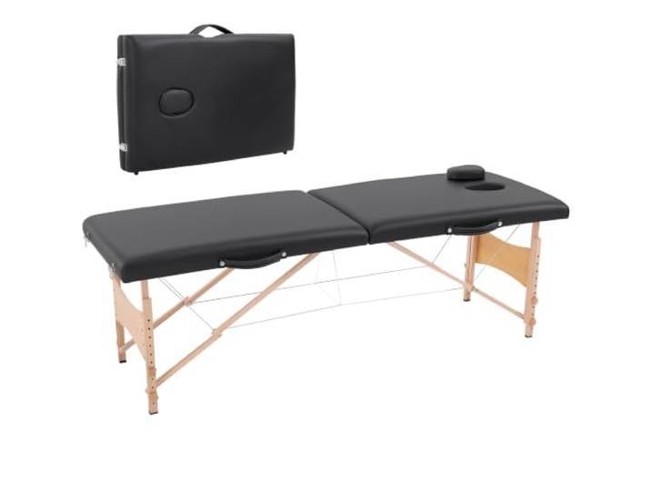 HOMCOM Table de Massage Pliante Lit de Massage 2 Zones 186 x 60 cm Noir Portable\, Hauteur Réglable\, Oreiller Facial Amovible\, Table Esthétique Tatouage\, Bois de Hêtre\, Sac Transport Inclus