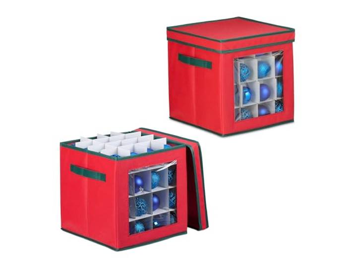 Relaxdays Boîte à boules de Noël\, lot de 2\, HxLxP : 33 x 32 x 32 cm\, 64 compartiments chacune\, tissu\, carton\, rouge/vert
