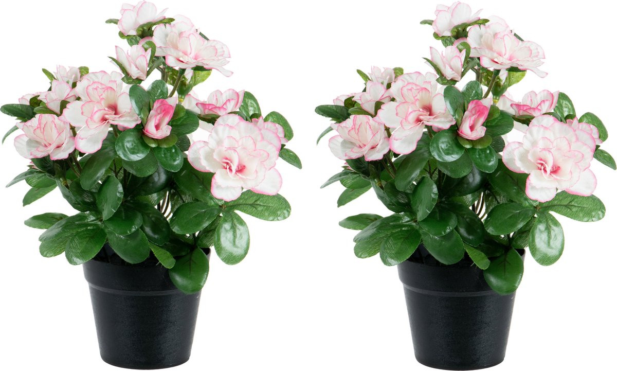 Louis Maes Azalea Kunstplant - 2 stuks - lichtroze - inclusief binnenpot - Hoogte: 25 cm