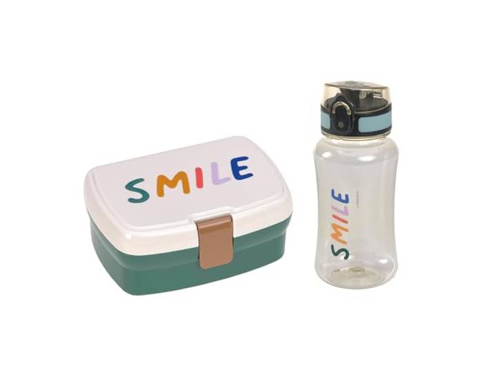 LÄSSIG Brotdose & Trinkflasche Set - Lunch Set mit Lunchbox und Trinkflasche (460 ml)/Little Gang Smile milky/ocean green