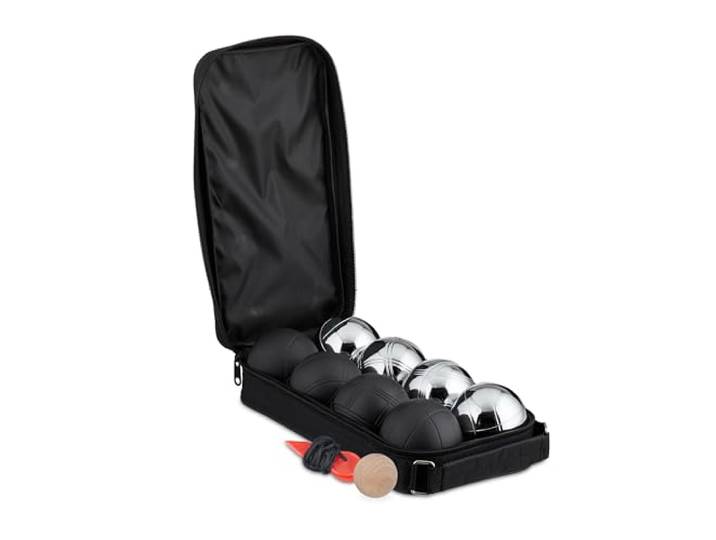 Relaxdays Boule Kugeln, 8 Metall-Kugeln, Set mit Zielkugel & Abstandsmesser, Tragetasche, Boccia Spiel, schwarz/Silber