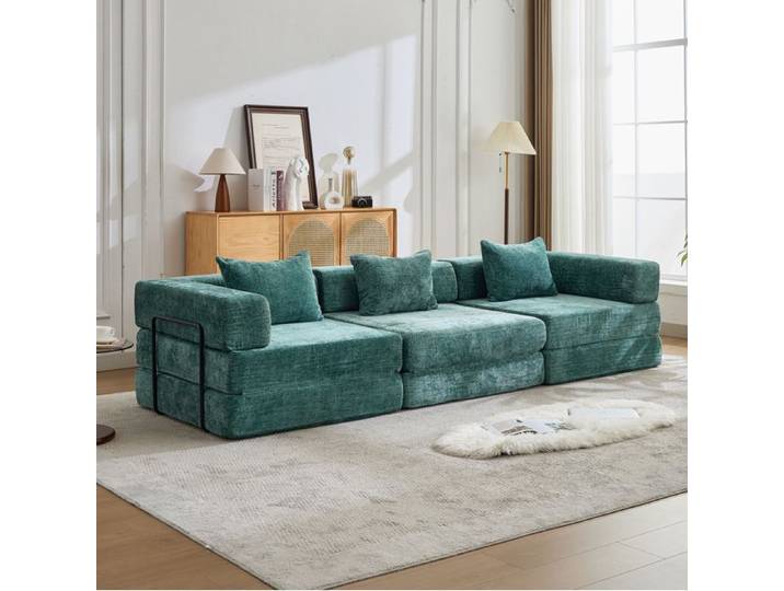 HOMVRA Canapé convertible compressé modulable 3 places en chenille vert foncé sans montage