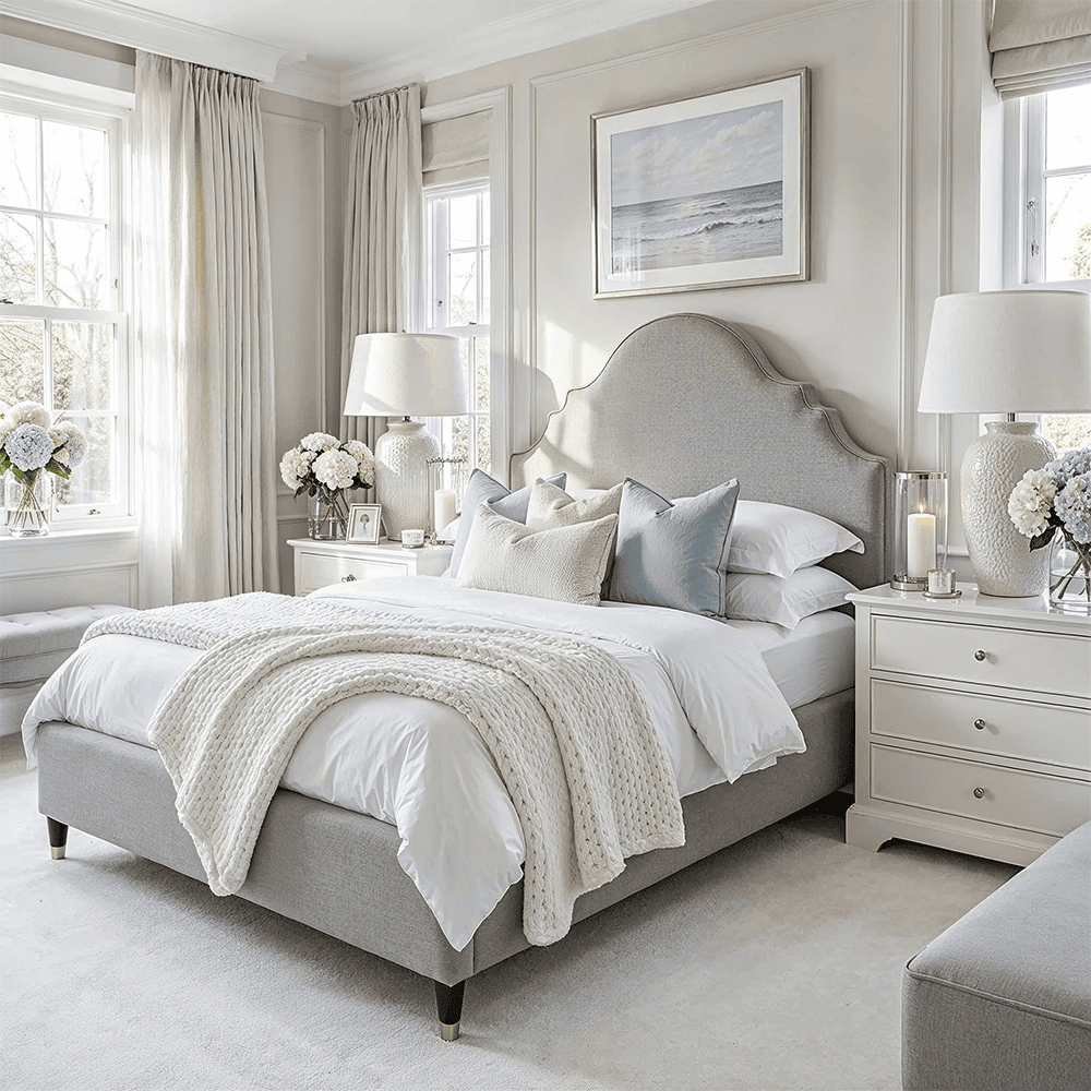 Albin Light Grey Ornate Headboard Bed, King