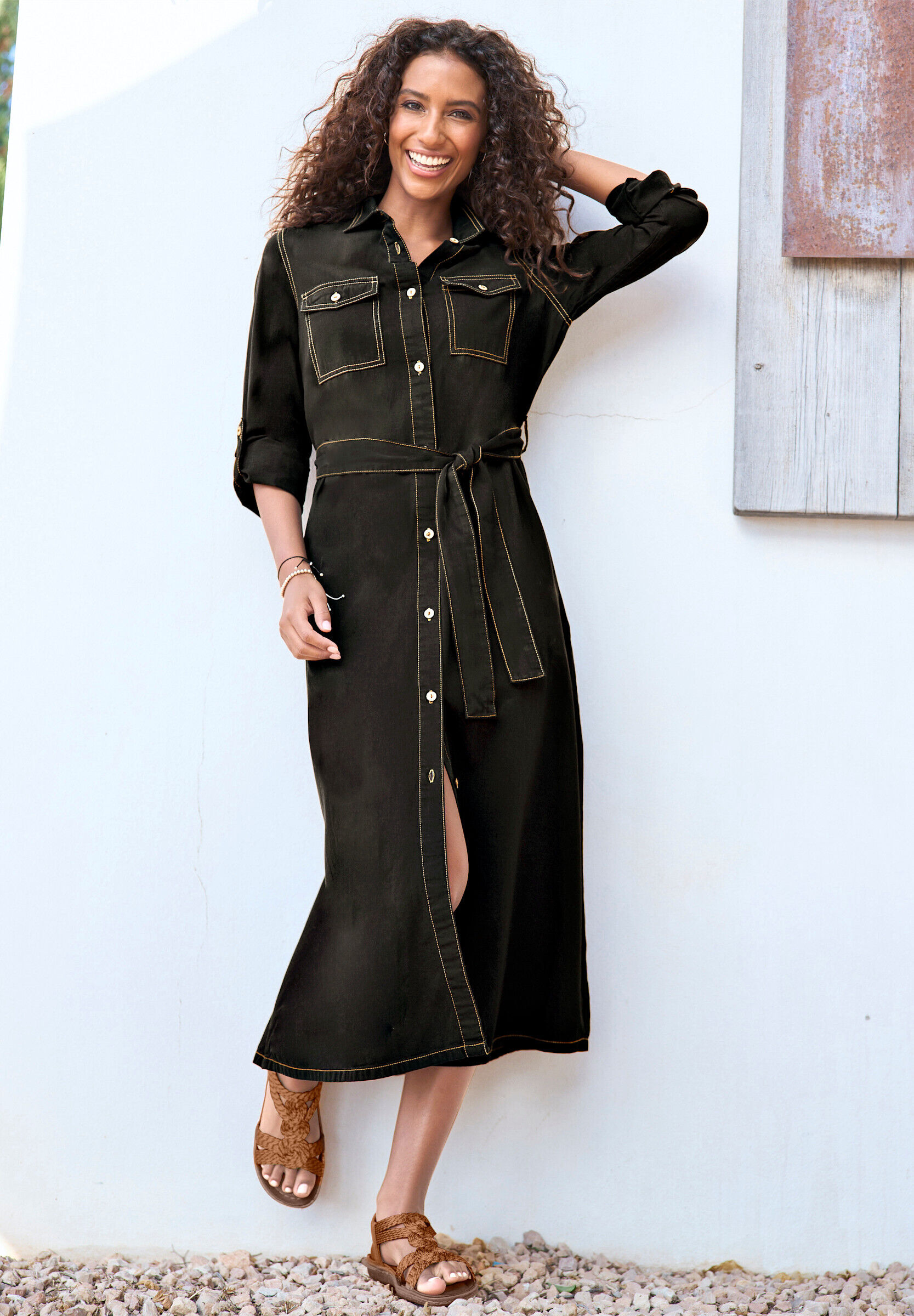 Hemdblusenkleid HEINE "Jeans-Kleid Hemdblusenkleid mit variabler Armlänge", Damen, Gr. 38, N-Gr, schwarz (schwarz, denim), Modisch, Rundhals, Kleider Hemdblusenkleid