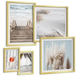 BILDER SET 5er Set - 50x50 cm & 20x30 cm & 40x60 cm Goldrahmen - Strandatmosphäre dank hölzerner Treppen.