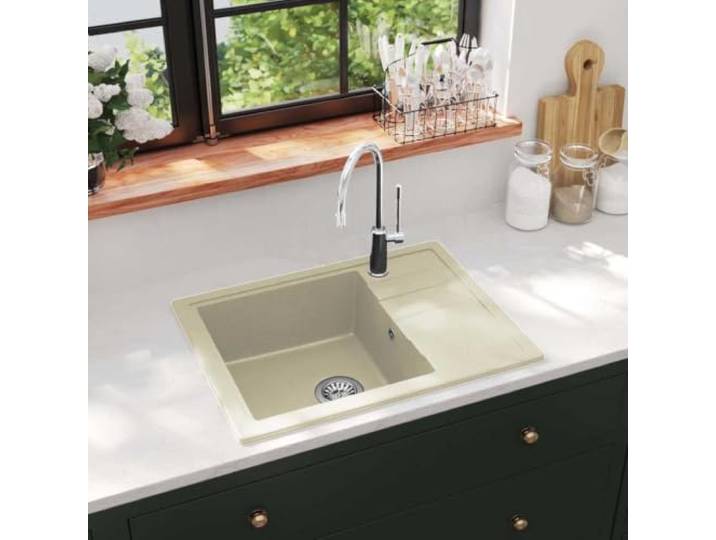 Xolmizyn Küchenspüle-Granit Becken Beige-Einbauspüle 580 x 440 mm Reversibel für Flexibilität, Hitzebeständig bis 280 C, Inklusive Siebkörbchen