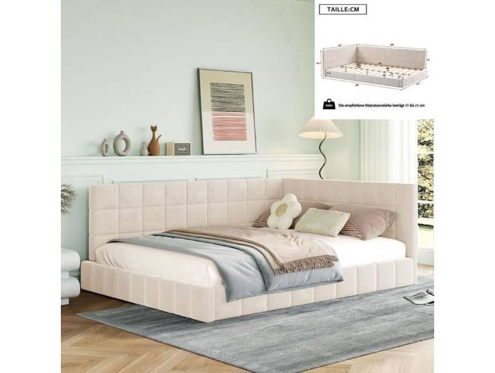 Lit rembourré canapé - 140x200 - Tissu velours beige - Lit multifonctionnel - 2 places