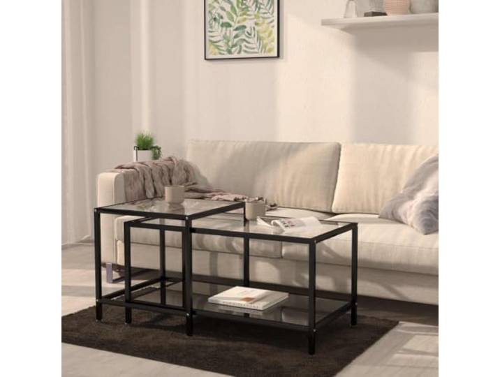 KPOUTRFG Beistelltische 2 STK. Hartglas Schwarz, Industrie-Stil Tische Hartglas schwarz, pulverbeschichteter Stahl, stapelbar, pflegeleicht, Industrie-Design