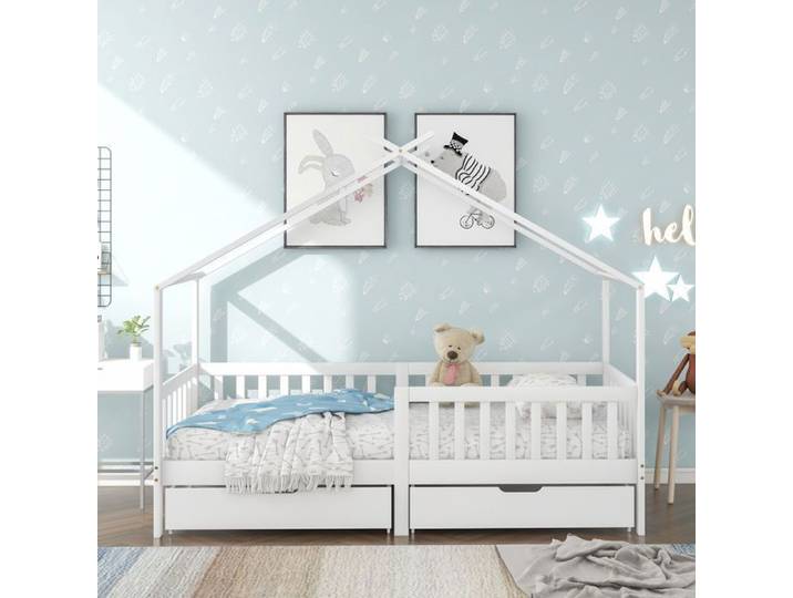 Lit cabane enfant 90x200 cm avec 2 tiroirs blanc Maisentiel