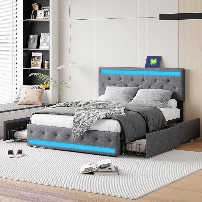 Polsterbett, Doppelbett 160x200cm mit 4 Schubladen, Doppelbett 160x200cm mit LED-Beleuchtung, Bett mit Schubladen und Stauraum, Lattenrost, Leinenstoff, ohne Matratze, Dunkelgrau