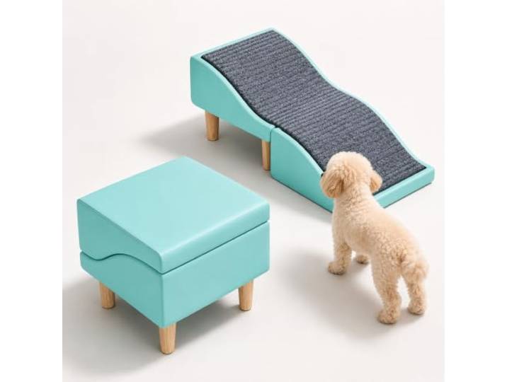 Hunderampe, Haustiertreppe, Klappbarer 2-in-1-Hocker, 80 cm 32°-Wellenneigung, abnehmbare Filzmatte und Holzrahmen für sicheren Alltag(Green)
