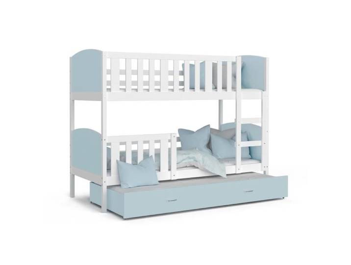 Lit Superposé 3 Places Tomy 90x190 gigogne + matelas Blanc - bleu