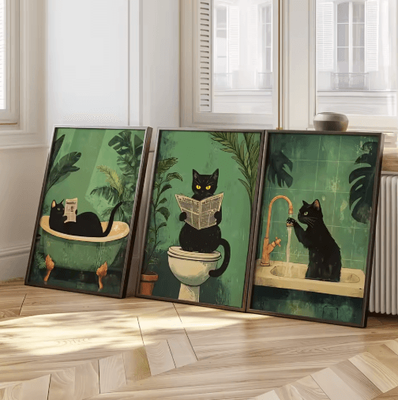Inspire Picks Set Of 3 Black Cat Wall Art Funny Vintage Bathroom Canvas Prints (Unframed) zlh3590 3pcs 40x60cm Unframed