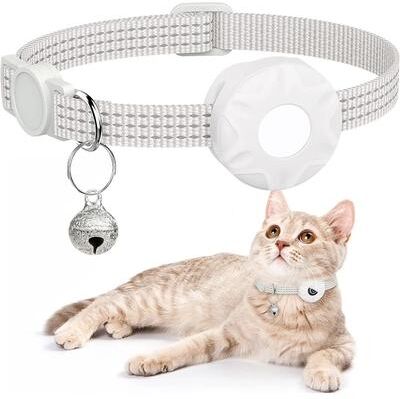Uplift Treasures AirTag Compatible Reflective Cat Collar With Bell And Secure Holder white