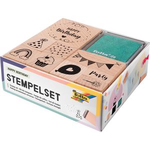 Folia Motivstempel Stempelset Happy Birthday, aus Holz, bis 4 x 4 cm, inkl. Stempelkissen, grün und schwarz, 11-teilig