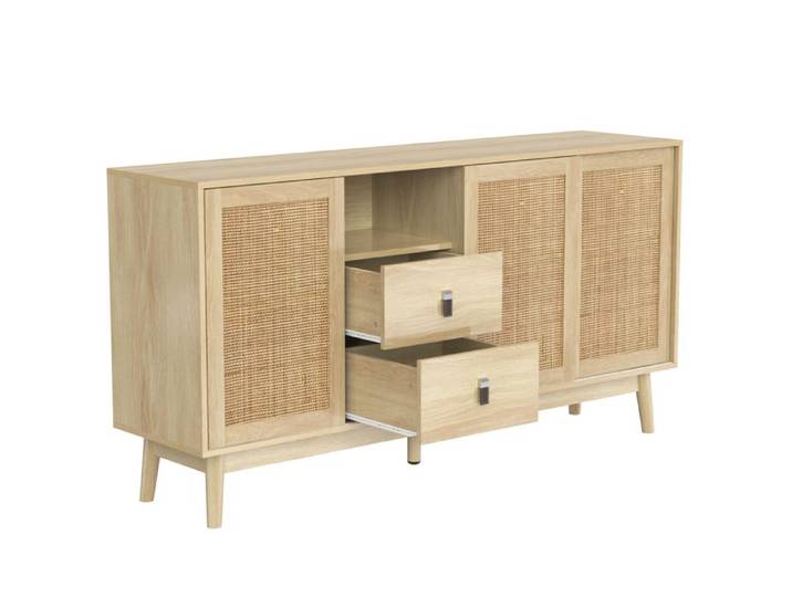 Buffet - TRUXEN8 - 3 Portes Coulissantes - Rotin - 2 Tiroirs - 155x38x80 cm