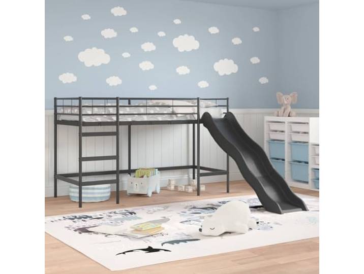 SKTQYQO Loft Kinderbett mit Rutsche, Schwarz und Anthrazit Rahmen aus mattem Stahl, Matratze 75 x 190 cm, platzsparendes Gestell, einfache Montage