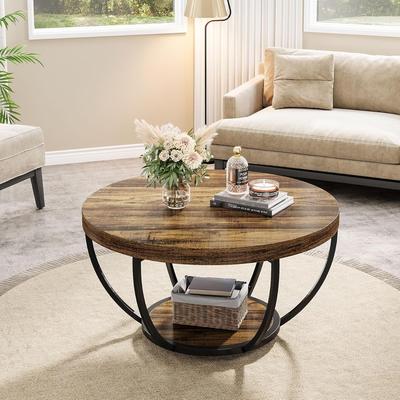 Jiallo "Round Coffee Table, 31.7"" Rustic Brown Wooden 2-Tier"