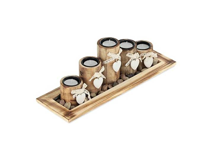 Relaxdays Porte-Bougies en lot avec Plateau et Pierres\, 39\,5 cm de Longueur\, 5 bougeoirs\, décoration Table Salon\, Marron