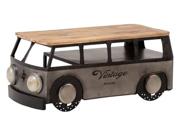 Woodkings Couchtisch Camper 110x40x55cm Retro Bus Design für das Wohnzimmer rustikal aus Metall und Mangoholz Stauraum Unikat