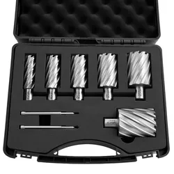 VEVOR HSS-Kernbohrer Weldon-Schaft 8-tlg. Magnetbohrer 22,22-50,8 mm Schnittdurchmesser, 6 Bohrer mit 2 Zentrierstiften, 50,8 mm Schnitttiefe, Kunststoffkoffer, für Magnetbohrmaschinen, Aluminium